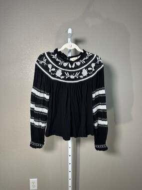 Maeve by Anthropologie Winona Lace Embroidered Boho Peasant Top Black XS